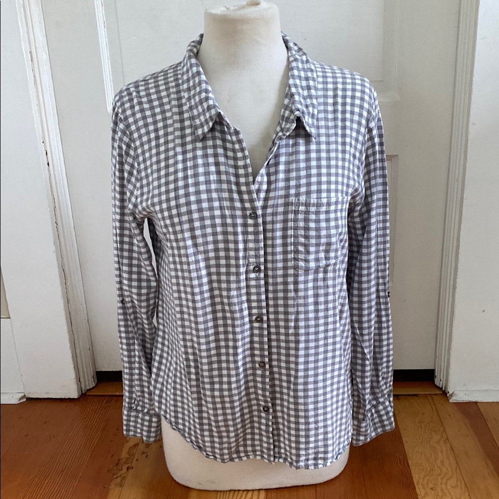 Soft Joie Gray and White Checkered Button-Up Long Sleeve Shirt Large
